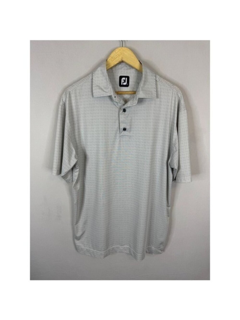 FootJoy Mens L Gray Micro Grid Check Performance Golf Polo Shirt Large FJ Logo